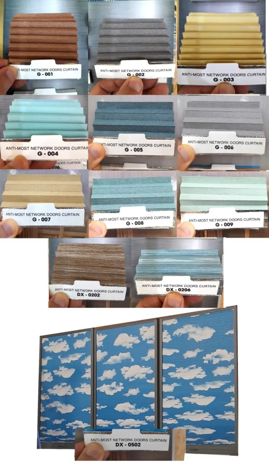 Bảng mẫu vải tổ ong nhiều màu: nâu, ghi, vàng, xanh ngọc, kem và mẫu in hình mây